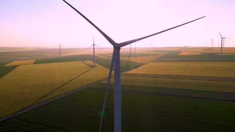 Aerial view of aeolian generators wind turbine farm in a wheat field Wind energy Vídeos de archivo 150627323
