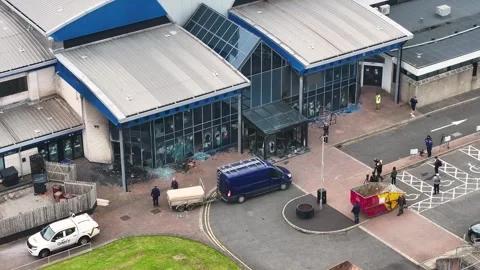 Aerial view of the aftermath of an arson attack after its use as Emergency R Stock Footage 311138394