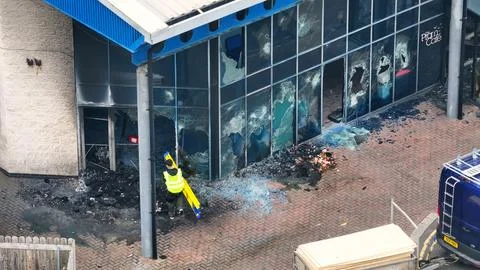 Aerial view of the aftermath of an arson attack after its use as Emergency .. Stock Photos