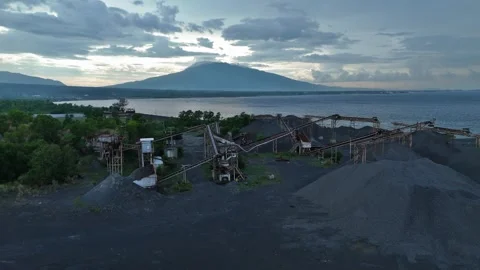 Aerial view of aggregate processing facility and Mayon Volcano, Philippines. Stock Footage 337792851