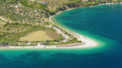 Aerial view of Agios Dimitrios Beach on Alonnisos island, Greece, showcasing a Stock Footage 346687073