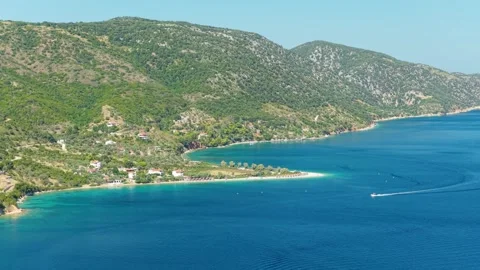 Aerial view of Agios Dimitrios Beach on Alonnisos island, Greece, showing Stock Footage 346702262