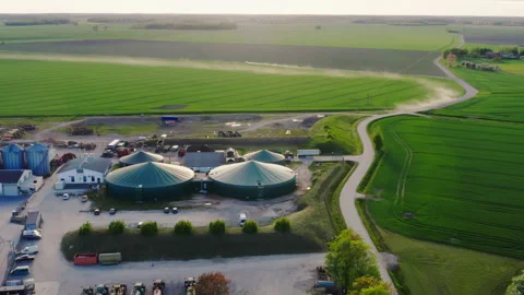 Aerial view, agricultural complex with biogas plant and grain storage containers Stock Footage 291379705