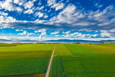 Aerial view of an agricultural field in Switzerland with clouds and blue sky Photos