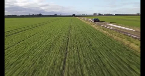 Aerial view of agricultural fields with a car traveling on a roadside path Stock Footage 318171253