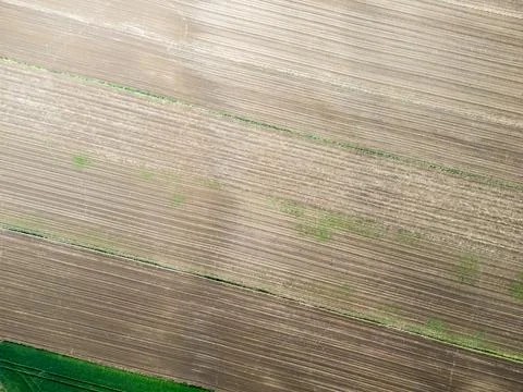Aerial view of agricultural fields with patterned rows of tilled soil and Stock Photos