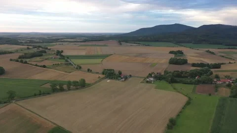 Aerial view of agricultural fields with a single lane road in the countryside Stock Footage 236487381