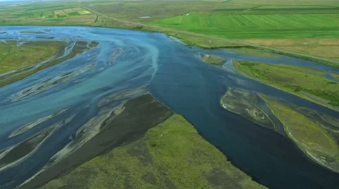 Aerial View of Agricultural Land and Meltwater, Iceland Stock Footage