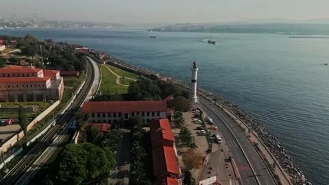 Aerial View of Ahirkapi Lighthouse and Topkapi Palace with Bosphorus 4K Stock Footage 304231404