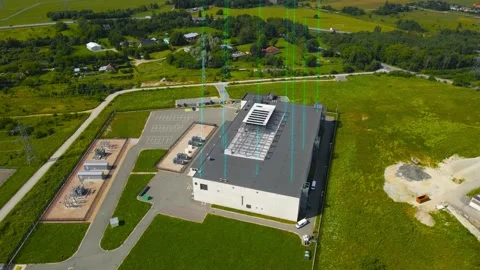 Aerial View of an AI Data Center With Visual Effects Data Flow. Stock Footage 331135835