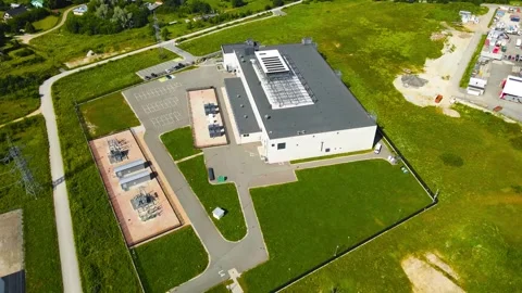 Aerial View of an AI Data Center and Electrical Power Substation Stock Footage 334699497