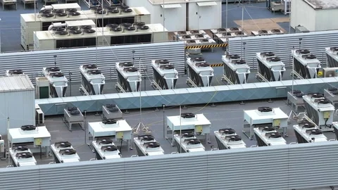 Aerial view of ai data center rooftop cooling units Stock Footage 341110513