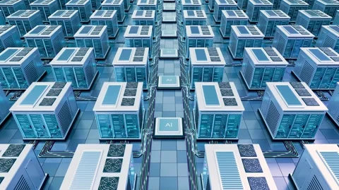 Aerial View of AI Data Center Server Farm with GPU Microchips and Video stock 346504344