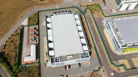 Aerial view of AI data centre campus in Harlow, United Kingdom. Stock Footage 344998050
