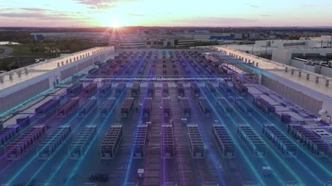 Aerial view of an AI supercomputing data center in Ashburn with glowing data Stock Footage 334671379