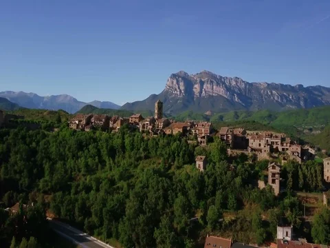 Aerial view. Ainsa old town and castle in Pyrenees, Spain. Stock Footage 77262802