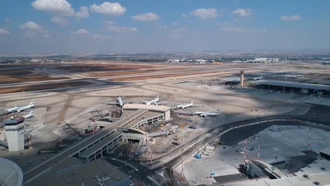 Aerial view of airport and terminal Stock Footage