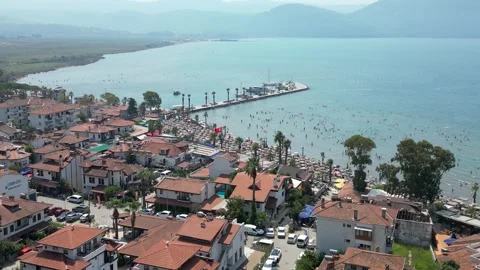 Aerial View of Akyaka Beach and Pier - Mugla Turkey Видео 329377496