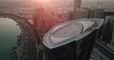 Aerial view of Al Bidda Tower at sunset, in Qatar capital Doha, West Bay area 動画素材 132092848