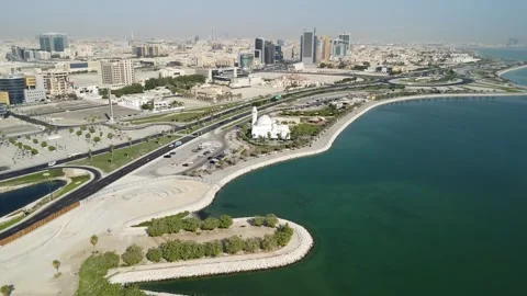 Aerial View of Al Khobar Corniche Waterfront and Cityscape in Eastern Province S Stock Footage 334813629