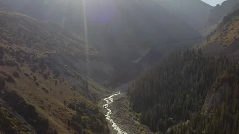 Aerial view of the Ala Archa River in the Ala Archa National Park in Kyrgyzstan Stock-Footage 259791525