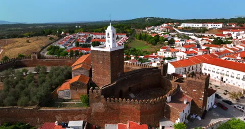 Aerial view of Alandroal old town in Portugal. Medieval castle in the centre of Stock Footage 219697341