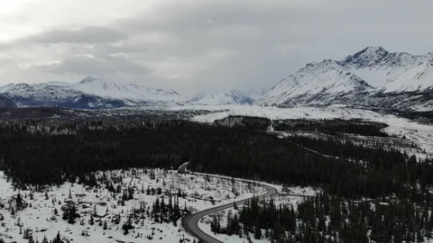 Aerial view of Alaska mountain range and forests  in winter Stock Footage 90197465