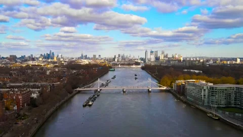 Aerial view of Albert bridge and central London Stock Footage 151932997