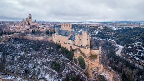 Aerial view, The Alcazar of Segovia with snow, Spain Stock Photos