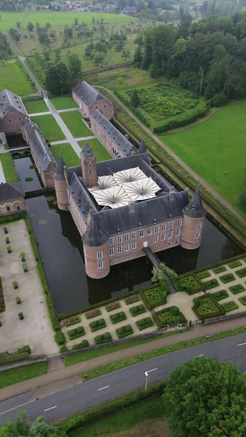 Aerial View Of Alden Biesen Castle Water Moat And Gardens Bilzen Belgium Stock Footage 343580448