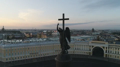 Aerial view on Alexander column and Palace Square in Saint-Petersburg in Russia. Stock Footage 88665329