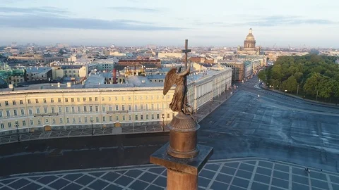 Aerial view on Alexander column and Palace Square in Saint-Petersburg in Russia. Stock Footage 100024933