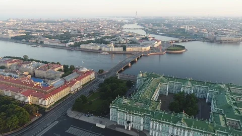 Aerial view on Alexander column and Palace Square in Saint-Petersburg in Russia. Stock Footage 100688524