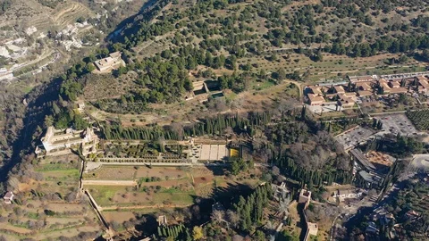 Aerial view of of Alhambra, castle/palace complex - city Granada, Spain, Europe Stock Footage 101653007