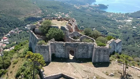 Aerial view of Ali Pascha castle overloking the entire bay of Parga, Epirus G Stock Footage 153166169