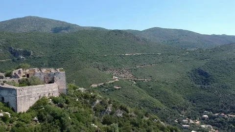 Aerial view of Ali Pascha castle overloking the entire bay of Parga, Epirus G Stock Footage 153169636