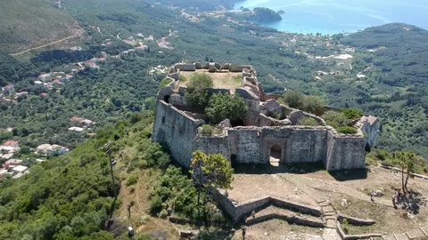 Aerial view of Ali Pascha castle overloking the entire bay of Parga, Epirus G Stock Footage 153176764