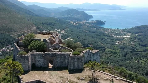 Aerial view of Ali Pascha castle overloking the entire bay of Parga, Epirus G Stock Footage 153178125