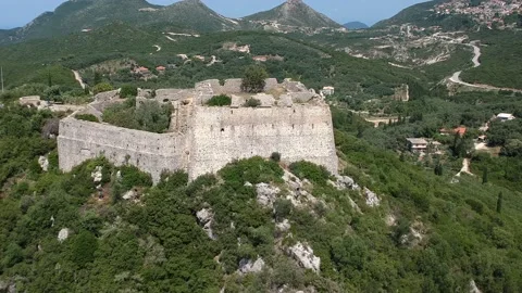 Aerial view of Ali Pascha castle overloking the entire bay of Parga, Epirus G Stock Footage 153182089