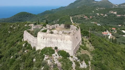 Aerial view of Ali Pascha castle overloking the entire bay of Parga, Epirus G Stock Footage 153184613