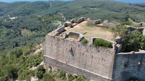 Aerial view of Ali Pascha castle overloking the entire bay of Parga, Epirus G Stock Footage 153185704