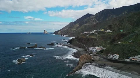 Aerial View of Almáciga Coastline With Roque de las Bodegas, Tenerife Stock Footage 346891700