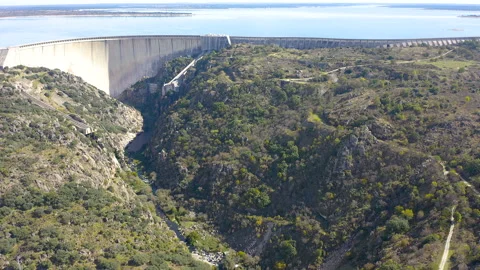 Aerial view of the Almendra Dam, also known as the Salto de Villarino. Stock Footage 293110804