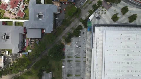 Aerial view of almost empty parking lot next to national stadium during mco Stock Footage 148426609