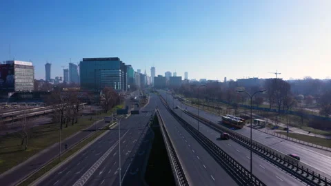 Aerial view of almost empty traffic during covid-19 lockdown in Warsaw Stock-Footage 136485230