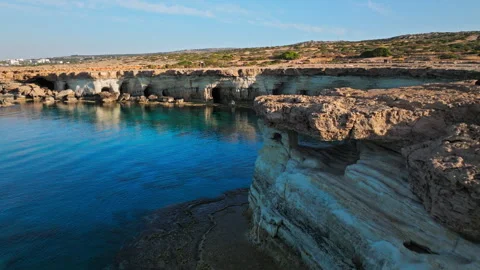 Aerial view along the Cape Cavo Greco Sea Caves in Cyprus. Stock Footage 341541657