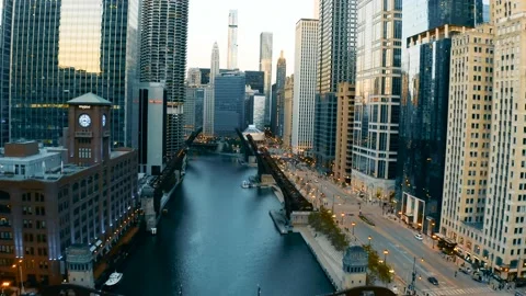 Aerial View Along Chicago River and Downtown Streets During George Floyd Unrest Stock Footage 131457973