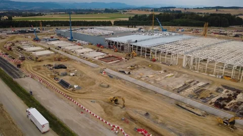 Aerial view along the Google data center construction site in Kronstorf Video stock 342230133