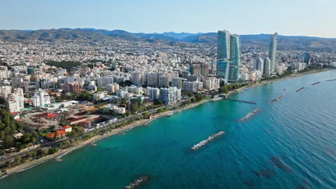 Aerial view along Limassol seafront in Cyprus. Stockbeeldmateriaal 341637001