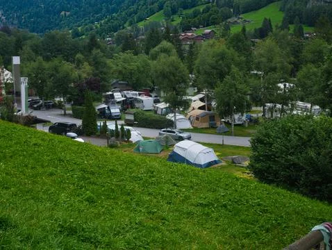 Aerial View Alpine Camping Resort with Tents and RVs  Eco-Tourism Holiday Vacati Fotos Stock